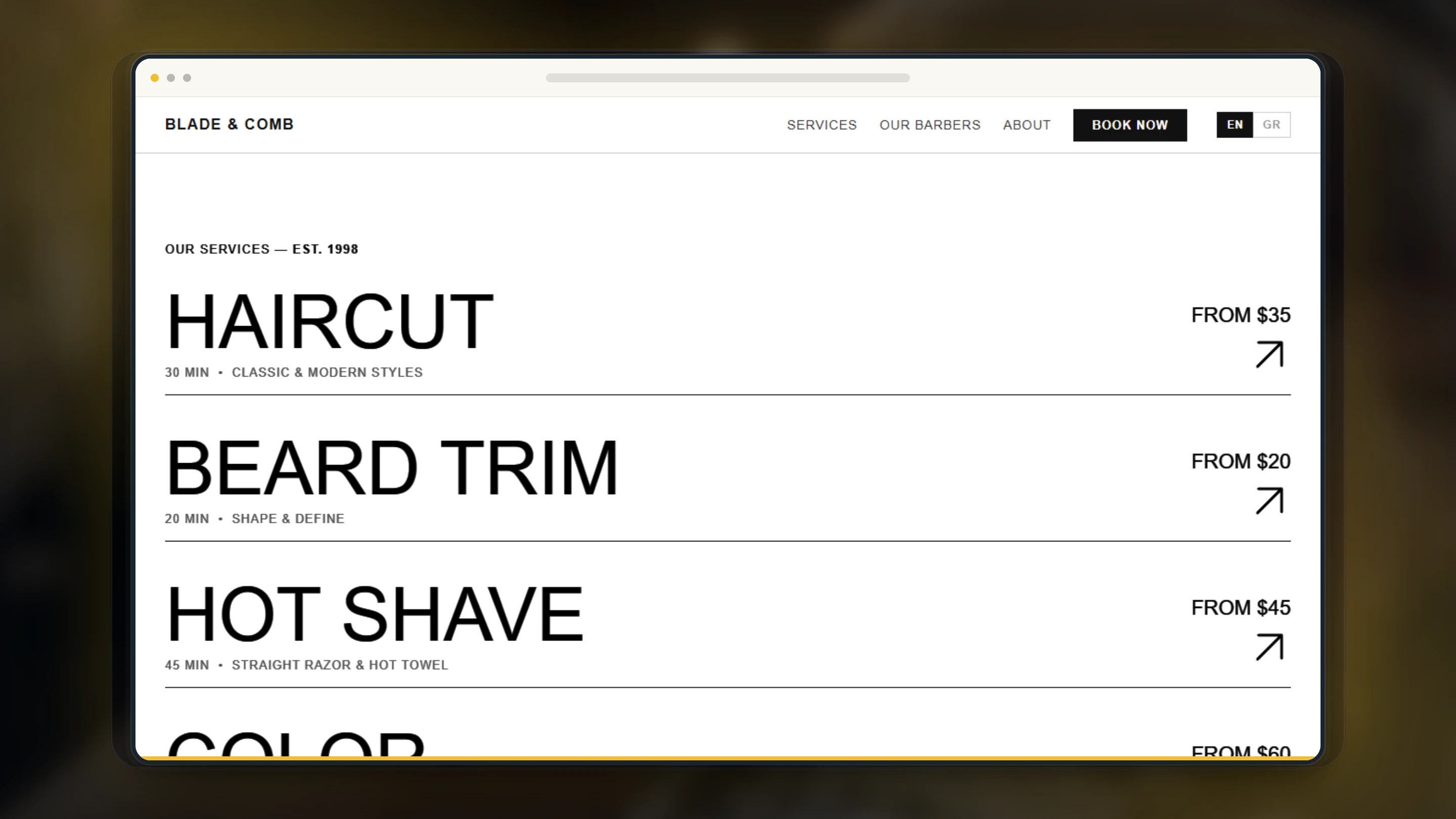 Blade and Comb barbershop website presented in a high-resolution browser frame