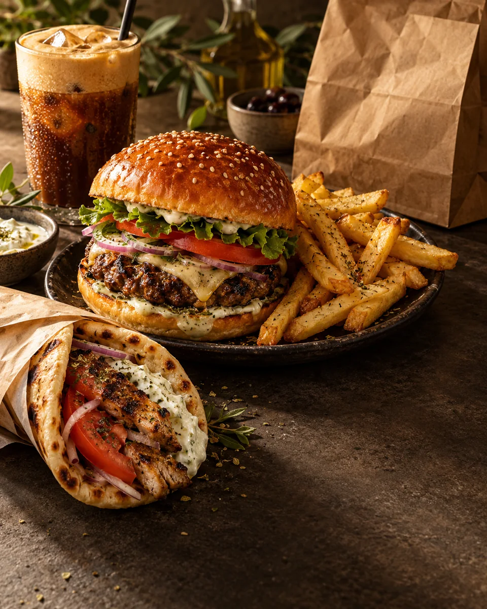 Burger, πίτα, πατάτες και καφές σε πάγκο καταστήματος εστίασης