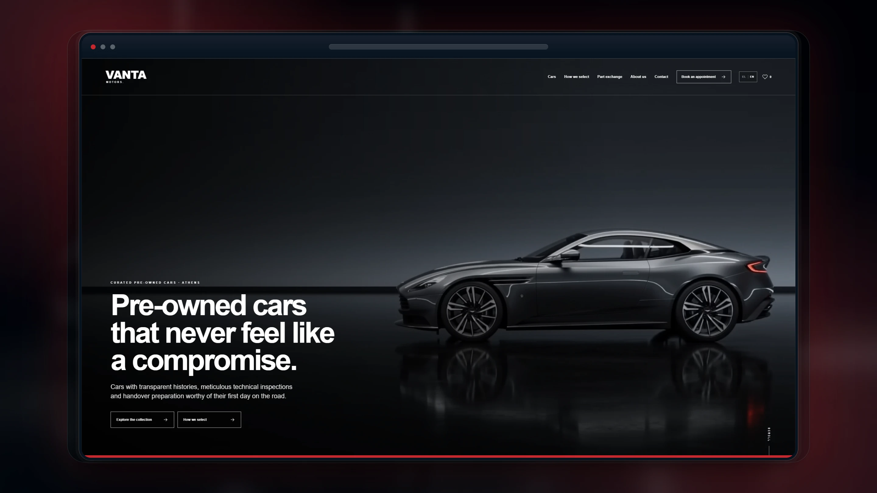 VANTA Motors automotive website presented in a high-resolution browser frame